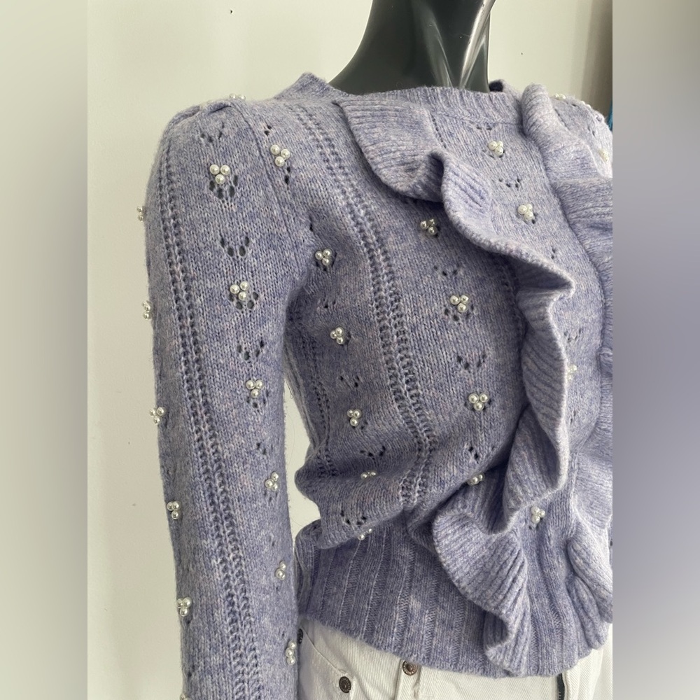 Lilac Ruffle Knit Sweater with Pearl Accents